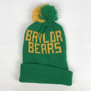 VTG Baylor Bears Beanie Hat Pom Pom 80s Green Yellow NCAA Double Sided Knit Cap